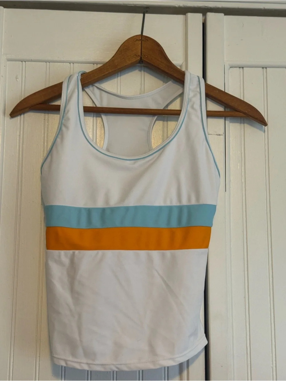 Kids White Tankini Top with Aqua and Orange Stripes